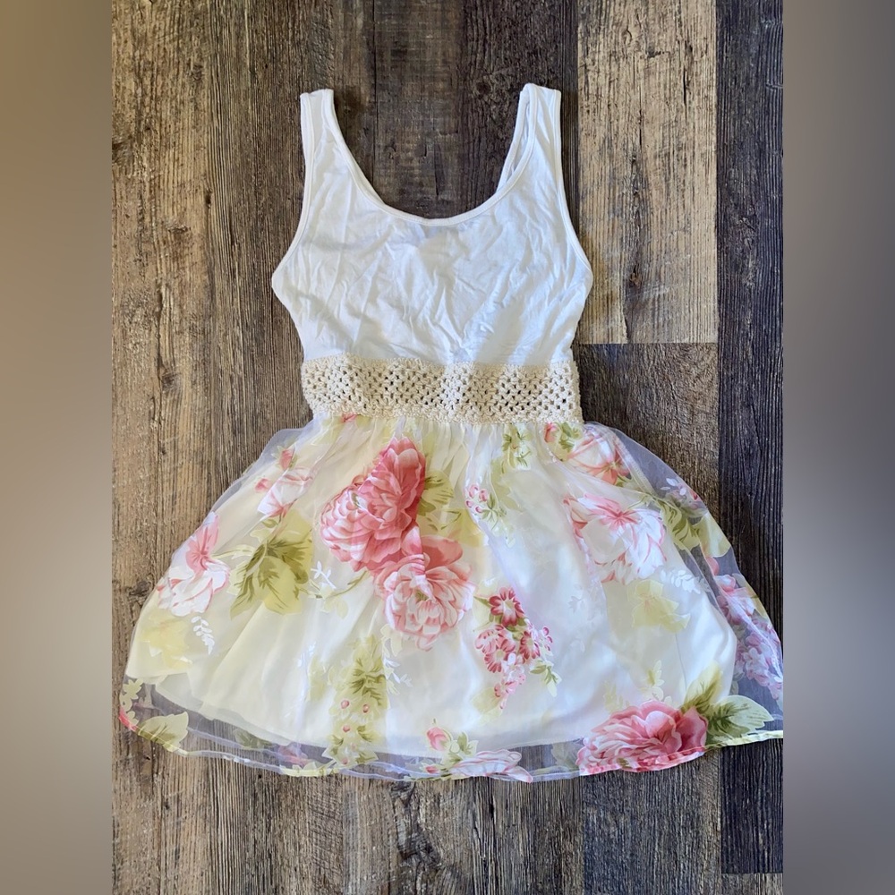 a'gaci White Dress with Pink Floral Skirt and Crochet Waist